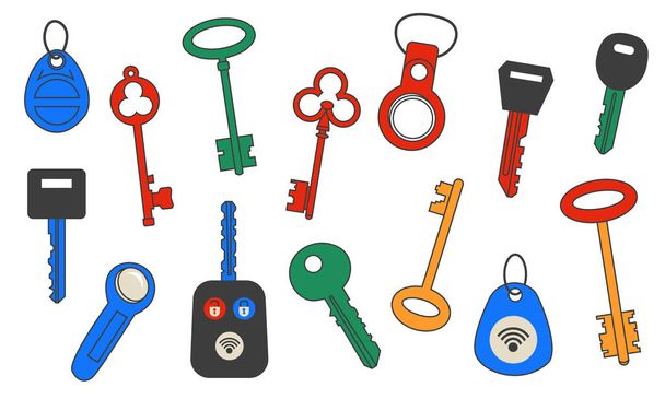 Keys and tags. Doodle magnetic latchkeys and NFC-tags. Vintage and modern access passkeys collection. House protection. Privacy security. Pass pendant. Vector home door openers set - Vector, Image
