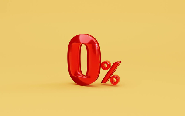Czerwony zero procent lub 0 procent na żółtym tle dla specjalnej oferty handlowej domu towarowego i koncepcji zniżki przez 3d renderowania. - Zdjęcie, obraz