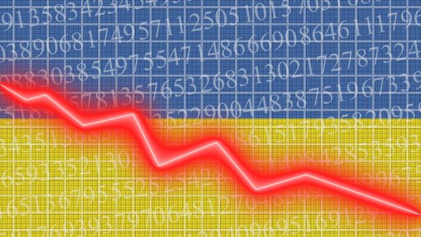 Informe del gráfico de progreso de la bandera de Ucrania y el crecimiento económico y financiero - rojo neón zigzag down line 3D Illustrations - Foto, Imagen