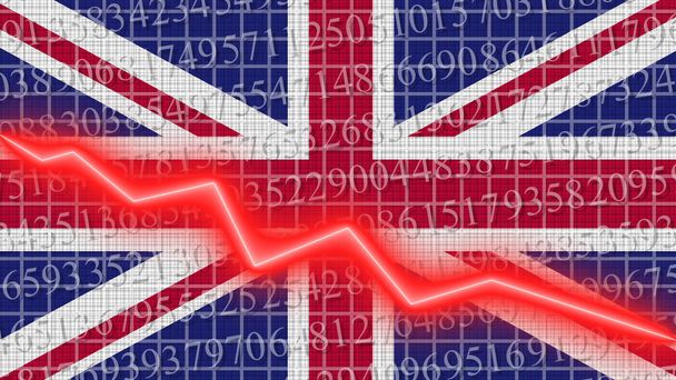 Bandera del Reino Unido e informe del gráfico de progreso del crecimiento económico y financiero - red neon zigzag down line 3D Illustrations - Foto, imagen