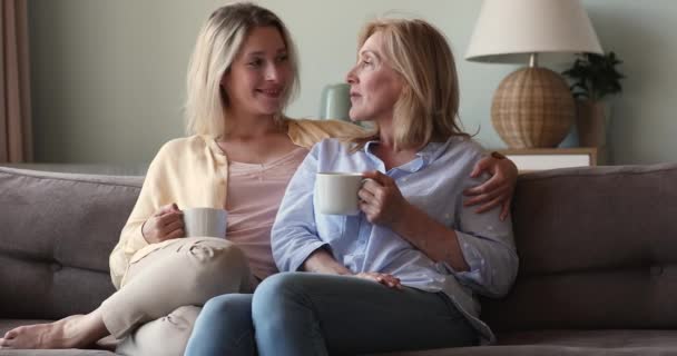 Young woman her older mother drinking tea having pleasant conversation - Imágenes, Vídeo