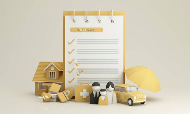 Insurance company client take out complete insurance concept. Assurance and insurance: car, real estate and property, travel, finances, health, family and life. 3d render yellow - Photo, Image