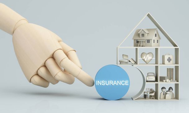 Insurance company client take out complete insurance concept. Assurance and insurance: car, real estate and property, travel, finances, health, family and life. 3d render blue - Photo, Image