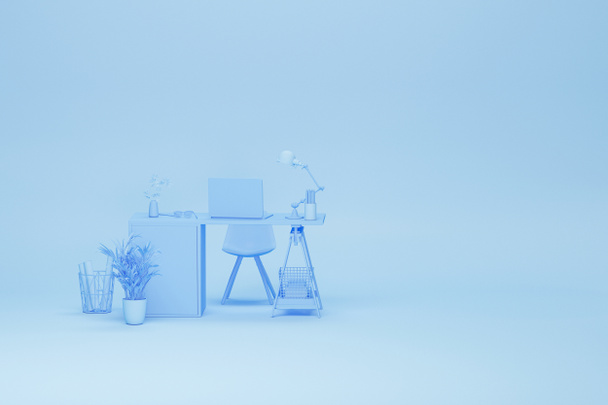 Pastel mavi monokrom çok az ofis masası. Çalışma masası, çalışma alanı ve sanat çalışmaları için asgari bir fikir. Model şablonu, 3d oluşturma - Fotoğraf, Görsel