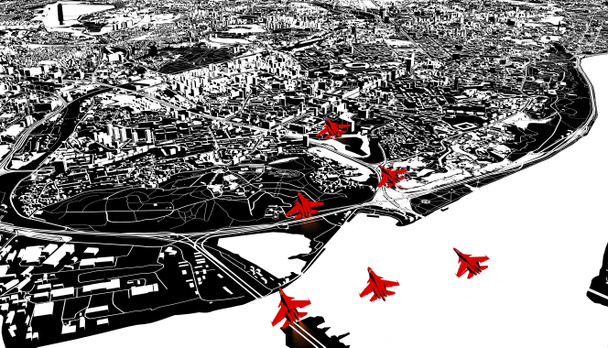 Ruský nájezd na Kyjev, Ukrajina. Bojová letadla bombardují citlivé cíle na Kyjevě. Výbuchy způsobené raketami budov a domů. Válka. 3D vykreslování - Fotografie, Obrázek