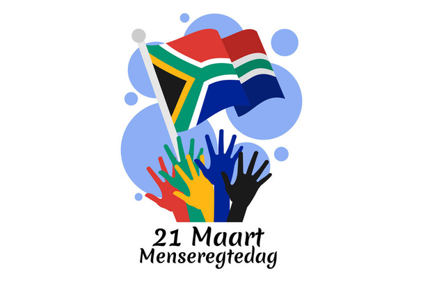 Μετάφραση: 21 Μαρτίου Ημέρα Ανθρωπίνων Δικαιωμάτων. Ημέρα Ανθρωπίνων Δικαιωμάτων (menseregtedag) Εθνική ημέρα της Νότιας Αφρικής Εικονογράφηση διάνυσμα. Κατάλληλο για ευχετήρια κάρτα, αφίσα και banner. - Διάνυσμα, εικόνα