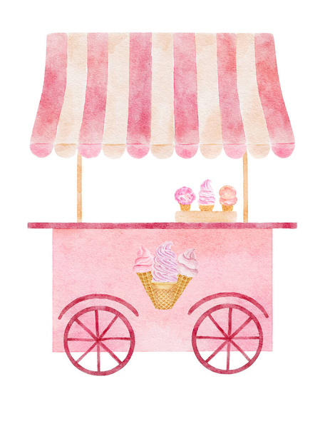 Watercolor pink cart with ice cream waffle cone isolated on white background. Hand drawn watercolor illustration. - Photo, Image