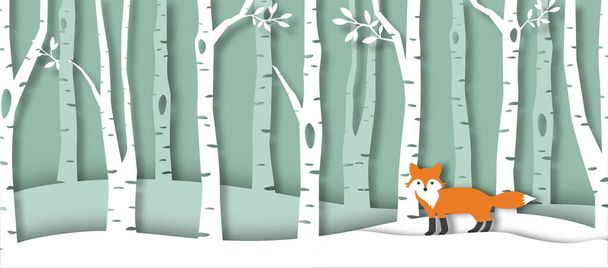 Paper cut fox in forest cartoon. 3d winter woods cut out illustration. - Photo, Image