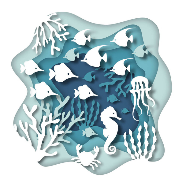 Papel corte vida marina 3d ilustración. Fondo marino o oceánico con peces e imagen de coral. - Foto, Imagen