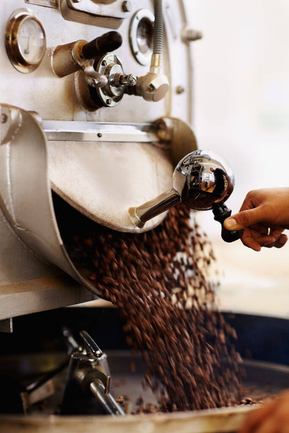 Feijão fresco para a moagem. Tiros de grãos de café derramando em uma máquina de moagem industrial. - Foto, Imagem