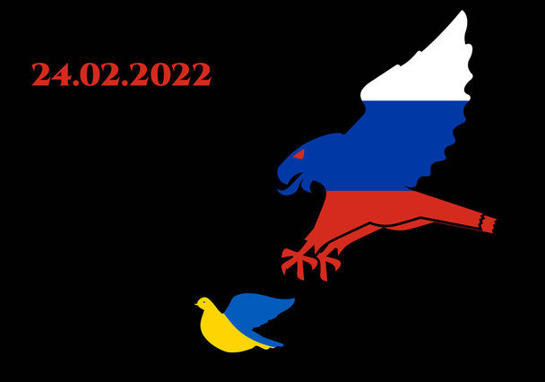 Rusland in de vorm van kwade adelaar valt Oekraïne aan in de vorm van vreedzame duif. Ontvangenisaanval, agressie, bezetting en genocide door een Russische Federatie op Oekraïne. Red Oekraïne van Rusland - Vector, afbeelding