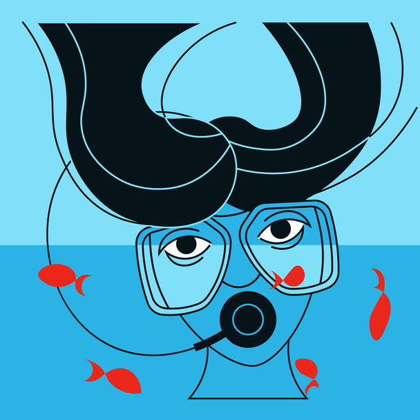 Жіночий водолазний дайвер обличчя з обладнанням для дайвінгу
 - Вектор, зображення
