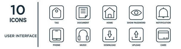 felhasználói felület vázlat ikon készlet tartalmazza vékony vonal tag, otthon, értesítés, zene, feltöltés, kártya, telefon ikonok jelentés, prezentáció, diagram, web design - Vektor, kép