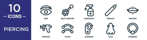 piercing outline icoon set bevat dunne lijn ring, handwas, piercing, studs, stud, oorbellen, piercing pictogrammen voor rapport, presentatie, diagram, webdesign - Vector, afbeelding