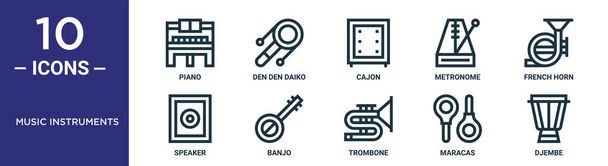 instrumenty muzyczne zarys ikona zestaw zawiera cienką linię fortepianu, cajon, francuski róg, banjo, maracas, djembe, ikony głośnik do raportu, prezentacja, diagram, web design - Wektor, obraz