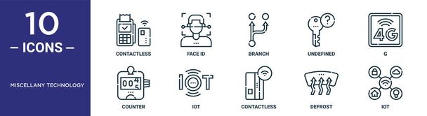miscellany technology outline icon set includes thin line contactless, branch, g, iot, defrost, iot, counter icons for report, presentation, diagram, web design - Διάνυσμα, εικόνα