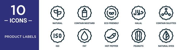 product labels outline icon set includes thin line natural, eco friendly, contain sulfites, fat, peanuts, natural dyes, iso icons for report, presentation, diagram, web design - Vector, Image