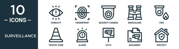 felügyeleti vázlat ikon készlet tartalmazza vékony vonal láthatóság, biztonsági kamera, tűz, riasztó, dokumentum, védelem, közlekedési kúp ikonok jelentés, bemutató, diagram, web design - Vektor, kép