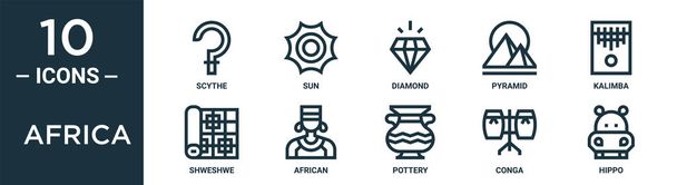 Zestaw ikon zarysu Afryki zawiera cienką linię kosy, diament, kalimba, afrykański, conga, hipopotama, shweshwe ikony do raportu, prezentacji, diagram, web design - Wektor, obraz