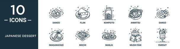 Japán desszert vázlat ikon készlet tartalmazza vékony vonal dango, konpeito, dango, mochi, mushi pan, parfé, imagawayaki ikonok jelentés, bemutató, diagram, web design - Vektor, kép