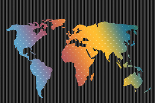 Kalp desenli bir dünya haritası. Kıtalarla dolu bir dünya. Avrupa ve Amerika haritası, Asya ve Avustralya. Web sitesi şablonu için düz dünya haritası şablonu, yıllık rapor, infografikler. - Fotoğraf, Görsel