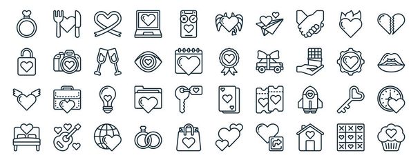 set of 40 outline web love icons such as romantic dinner, heart lock, heart wings, bed, emotionally stable, broken heart, devil icons for report, presentation, diagram, web design, mobile app - Вектор,изображение