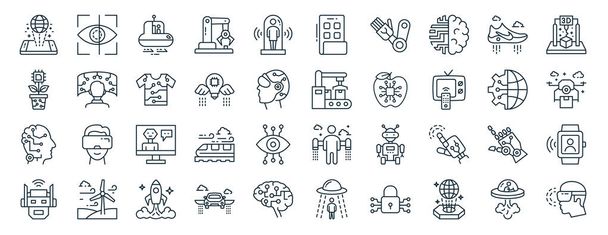 set of 40 outline web future things icons such as eye recognition, plant pot, intelligence, robotic brain, globe, d modeling, smart control icons for report, presentation, diagram, web design, - Vector, Image