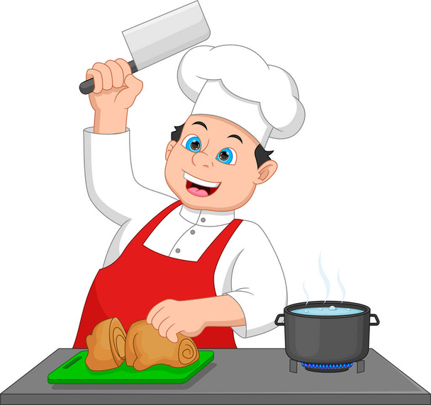 chef cuts chicken meat cartoon - Vector, Image
