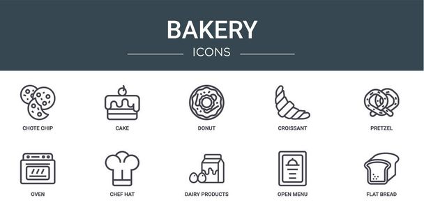set van 10 outline web bakkerij iconen zoals chote chip, cake, donut, croissant, pretzel, oven, chef hoed vector pictogrammen voor rapport, presentatie, diagram, web design, mobiele app - Vector, afbeelding