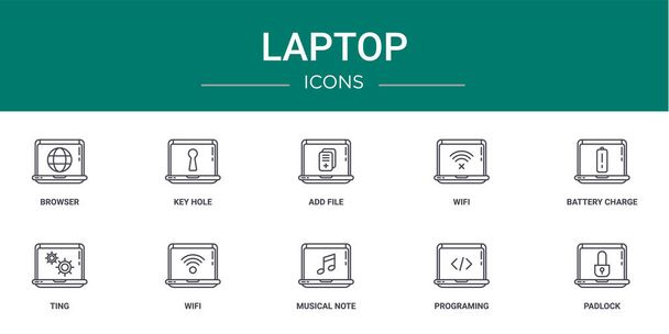 set van 10 outline web laptop iconen zoals browser, sleutel gat, voeg bestand, wifi, batterij opladen, ting, wifi vector pictogrammen voor rapport, presentatie, diagram, webdesign, mobiele app - Vector, afbeelding