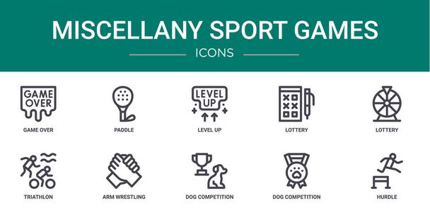 set of 10 outline web miscellany sport games icons such as game over, paddle, level up, lottery, lottery, triathlon, arm wrestling vector icons for report, presentation, diagram, web design, mobile - Διάνυσμα, εικόνα