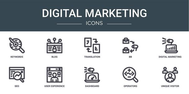 set of 10 outline web digital marketing icons such as keywords, blog, translation, bb, digital marketing, seo, user experience vector icons for report, presentation, diagram, web design, mobile app - Vector, Image