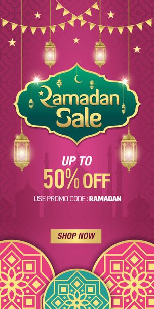Ραμαζάνι Πώληση, web header ή banner σχεδιασμό με χρυσό λαμπερό πλαίσιο, αραβικά φανάρια και ισλαμικό στολίδι σε μωβ φόντο. Έως και 50% έκπτωση - Διάνυσμα, εικόνα