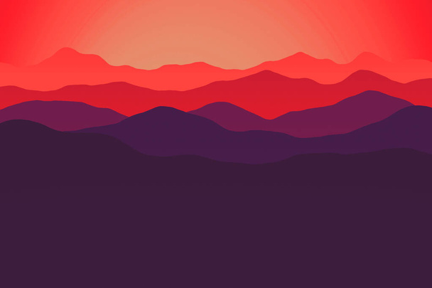 Vuoristomaiseman kuvitus, siluetti kukkulan ympäristö auringonlaskun aikaan, - Valokuva, kuva