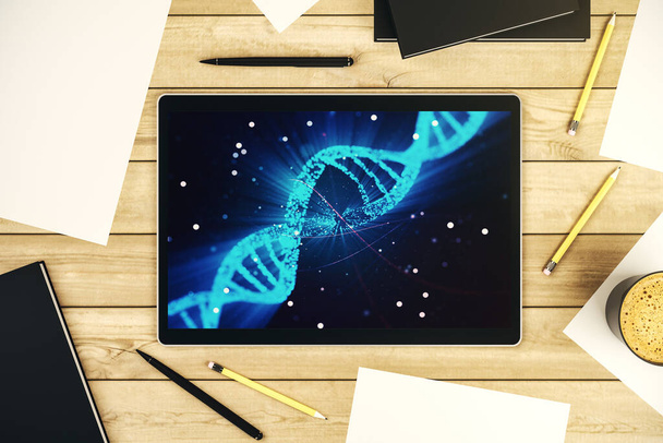 Creative DNA sketch on modern digital tablet screen, biotechnology and genetic concept. Top view. 3D Rendering - Fotoğraf, Görsel