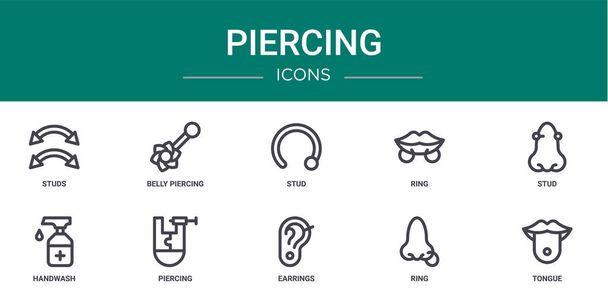 set of 10 outline web piercing icons such as studs, belly piercing, stud, ring, stud, handwash, piercing vector icons for report, presentation, diagram, web design, mobile app - Vector, Image