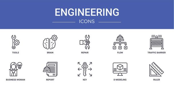 set of 10 outline web engineering icons such as tools, brain, repair, flow, traffic barrier, business woman, report vector icons for report, presentation, diagram, web design, mobile app - Vector, Image