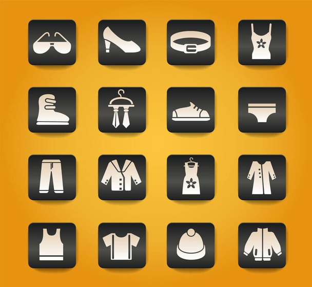 Символы одежды на черных кнопках на желтом фоне - Вектор,изображение