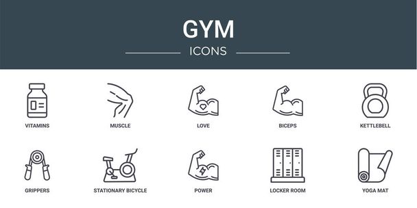 set van 10 outline web gym iconen zoals vitaminen, spieren, liefde, biceps, kettlebell, grijpers, stationaire fiets vector pictogrammen voor rapport, presentatie, diagram, web design, mobiele app - Vector, afbeelding