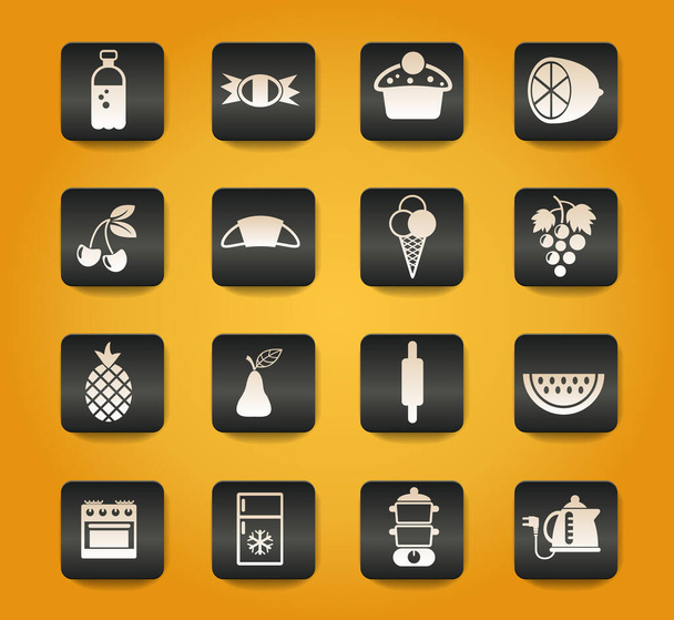 food and kitchen symbols on black buttons on yellow background - Vetor, Imagem