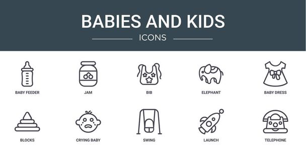 set van 10 outline web baby 's en kinderen pictogrammen zoals baby feeder, jam, slabbetje, olifant, baby jurk, blokken, huilen baby vector pictogrammen voor rapport, presentatie, diagram, webdesign, mobiele app - Vector, afbeelding