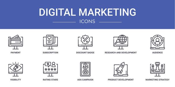 ensemble de 10 icônes de marketing numérique Web telles que le paiement, l'abonnement, le badge de réduction, la recherche et le développement, le public, la visibilité, les icônes vectorielles étoiles de notation pour le rapport, la présentation, - Vecteur, image