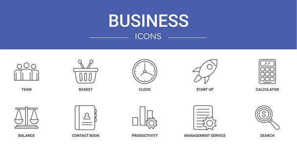 set of 10 outline web business icons such as team, basket, clock, start up, calculator, balance, contact book vector icons for report, presentation, diagram, web design, mobile app - Vektor, kép