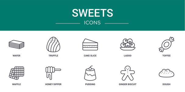 set of 10 outline web sweets icons such as wafer, truffle, cake slice, ladoo, toffee, waffle, honey dipper vector icons for report, presentation, diagram, web design, mobile app - Vector, Image