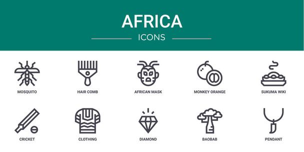 jeu de 10 icônes web africa telles que moustique, peigne à cheveux, masque africain, orange singe, wiki sukuma, cricket, icônes vectorielles de vêtements pour rapport, présentation, diagramme, conception web, application mobile - Vecteur, image