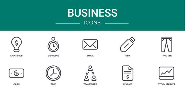 set of 10 outline web business icons such as lightbulb, deadline, email, usb, trouser, cash, time vector icons for report, presentation, diagram, web design, mobile app - Vektor, obrázek