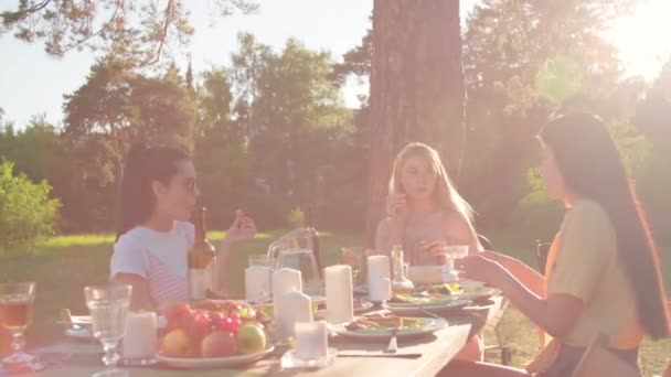 Ryhmä kolme naispuolista ystävää yllään tyylikäs rento vaatteita ottaa illallinen ulkona kauniissa puistossa - Materiaali, video