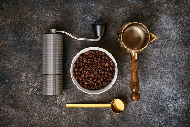 Items for preparing Turkish coffee, flat lay, top view, close-up - Foto, immagini