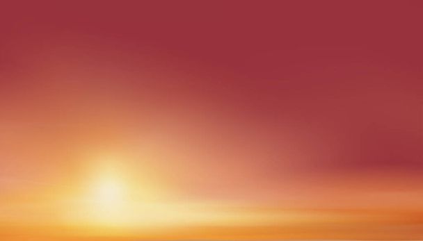 Восход солнца утром с красным, оранжевым, желтым и розовым небом, драматические сумерки пейзаж с закатом вечером, векторная сетка горизонта Небо Знамя заката или солнечный свет в течение четырех сезонов фон - Вектор,изображение