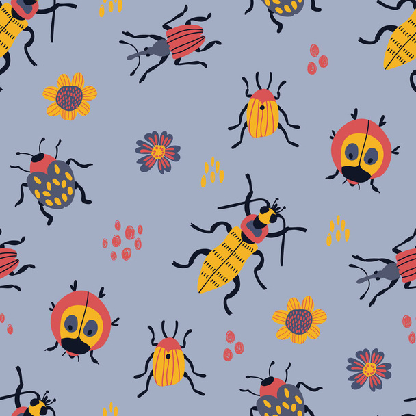 Seamless pattern with cute hand-drawn beetles. Design for fabric, textile, wallpaper, packaging. - Вектор, зображення